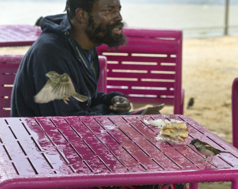 A man shares a part of his sandwich with birds as they seek partial shelter from rain at Grand Park in Los Angeles Thursday, Jan. 17, 2019. Rain and snow fell from one end of the state to the other, canceling flights, uprooting trees, knocking down power lines and causing localized flooding. (AP Photo/Damian Dovarganes)