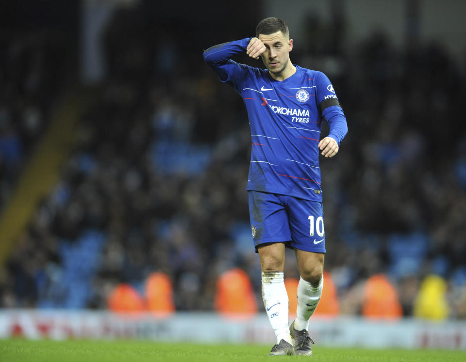 Chelsea's Eden Hazard reacts during the English Premier League soccer match between Manchester City and Chelsea at Etihad stadium in Manchester, England, Sunday, Feb. 10, 2019. (AP Photo/Rui Vieira)