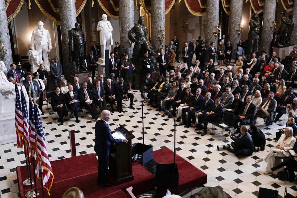 President Joe Biden speaks during the National Prayer Breakfast with congressional leaders, in Statuary Hall at the Capitol in Washington, Thursday, Fed. 1, 2024. (AP Photo/J. Scott Applewhite)