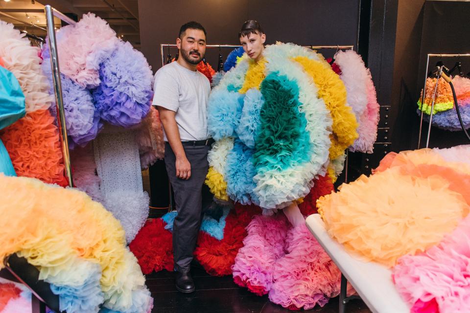 Tomo Koizumi and a model in his temporary studio in the Marc Jacobs building.