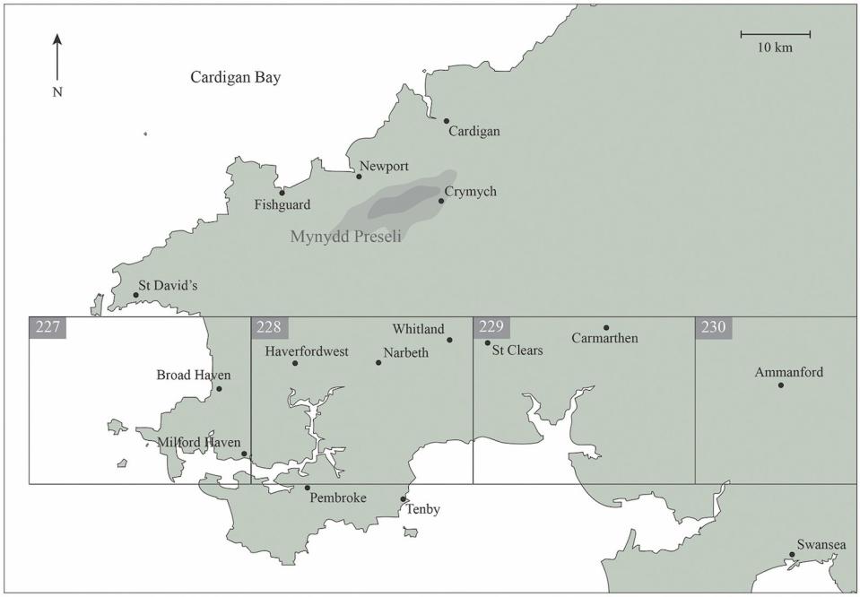 A map showing Mynydd Preseli, where Stonehenge's bluestones were likely quarried and Milford Haven, down south on the coast, where the altar stone was previously thought to originate. <cite>Richard Bevins and Rob Ixer, Antiquity 2018</cite>