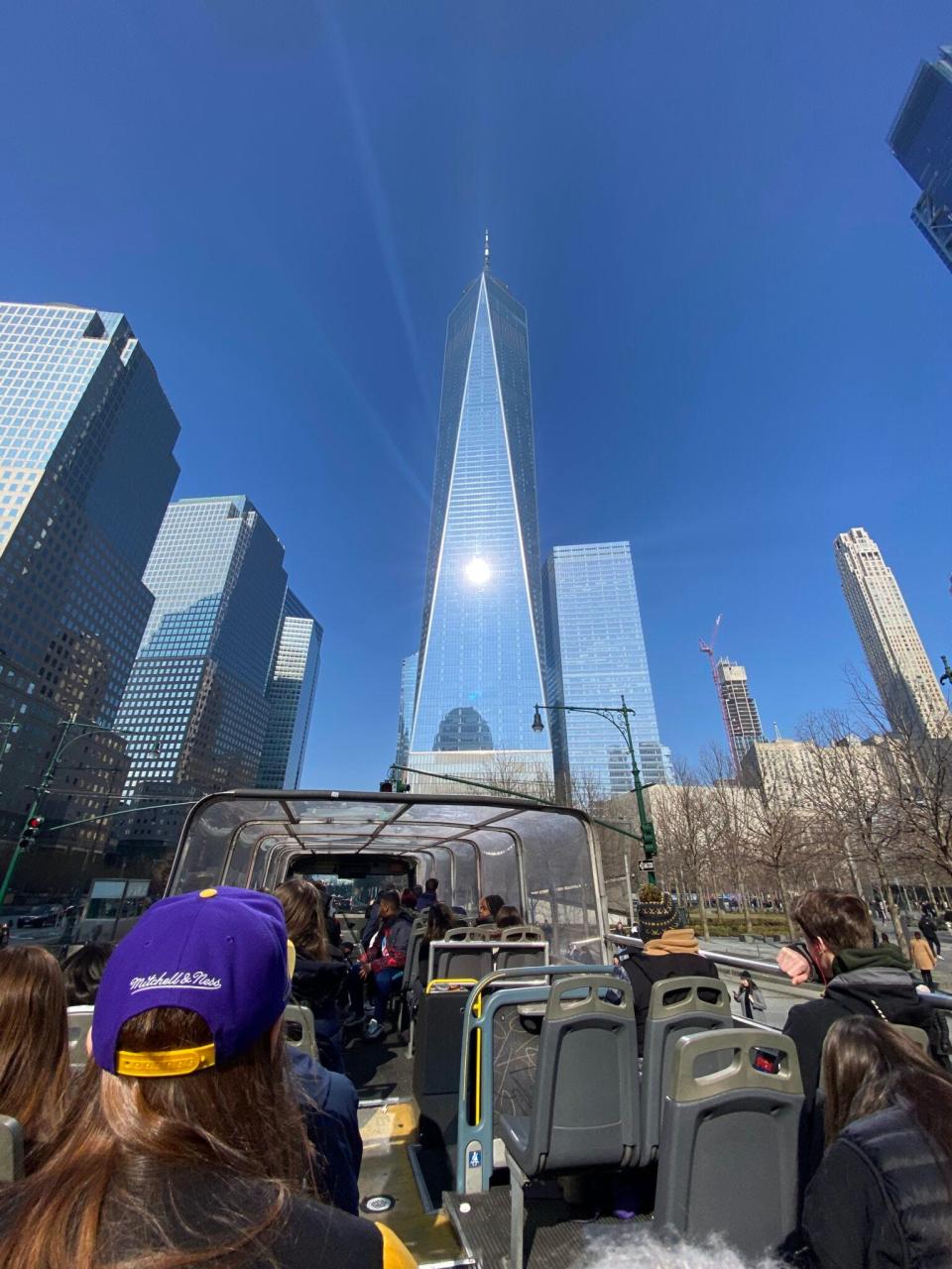 Students look up at the World Trade Center in New York City