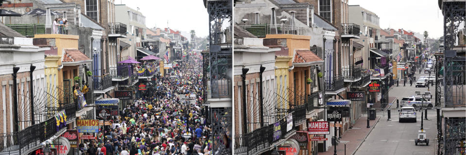 In this 2 file image combo, at left, Bourbon Street is a sea of humanity on Mardi Gras day in New Orleans, Tuesday, Feb. 25, 2020. At right from the same angle, Bourbon Street, which is normally packed with revelers, is seen deserted during Mardi Gras in the French Quarter of New Orleans, Tuesday, Feb. 16, 2021. Coronavirus-related limits on access to Bourbon Street, shuttered bars and frigid weather all prevented what New Orleans usually craves at the end of Mardi Gras season — streets and businesses jam-packed with revelers. (AP Photo/Rusty Costanza and Gerald Herbert, files)STR
