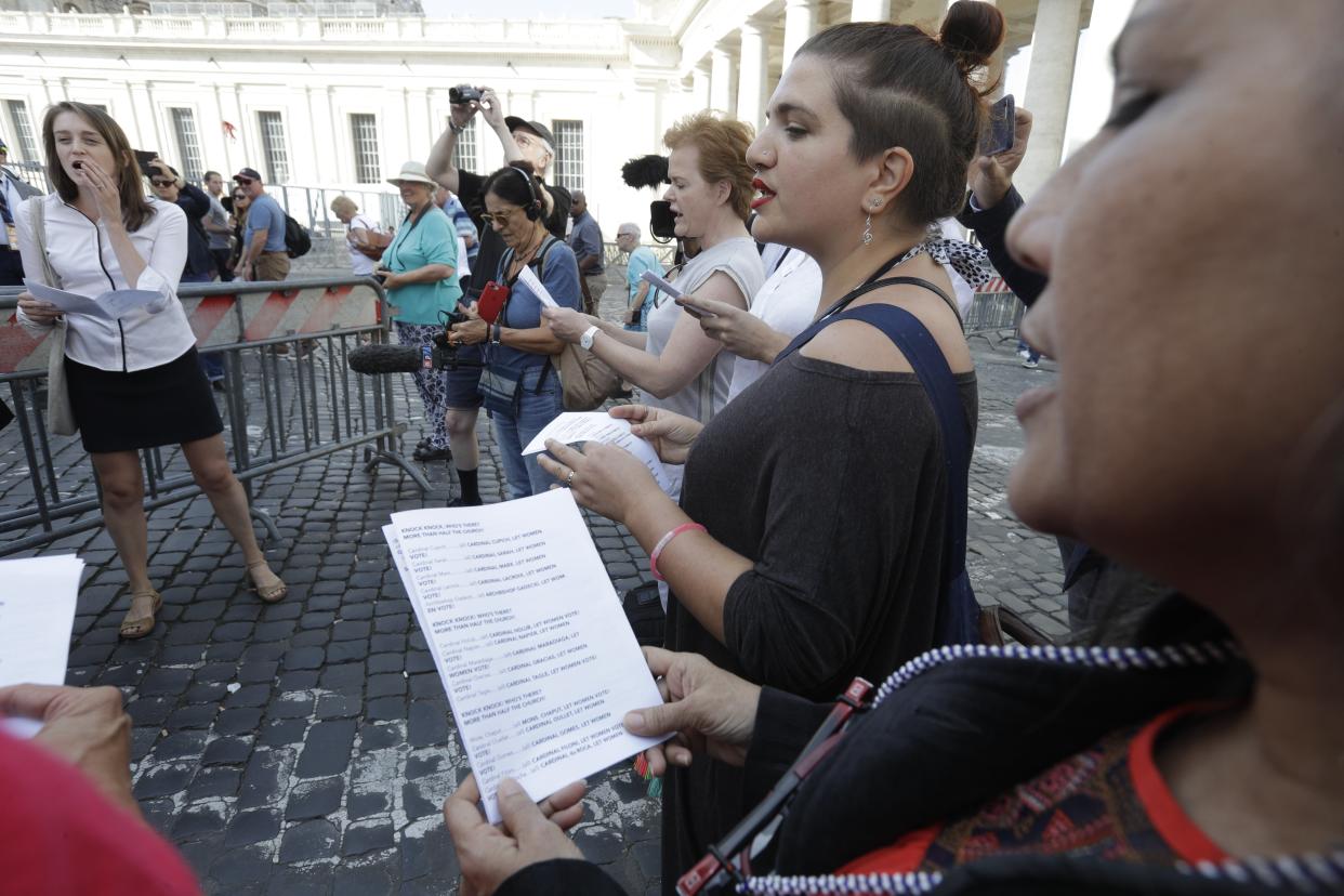 Members of the Women's Ordination Conference, a progressive Catholic group,&nbsp; stage a 'singing' protest during the opening of a global meeting of bishops at the Vatican, on Wednesday, Oct. 3, 2018.&nbsp; (Photo: ASSOCIATED PRESS)