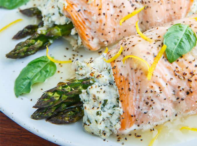 Asparagus, Lemon and Ricotta Stuffed Salmon Rolls