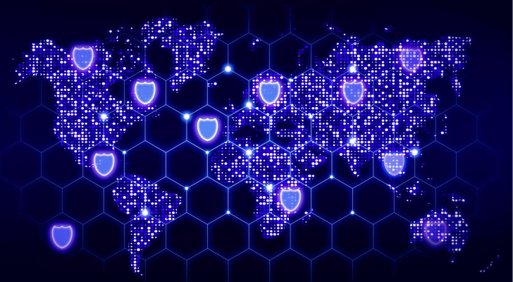 An image of a hexagon network covering the world map with glowing data centers and shield symbols. Cybersecurity stocks