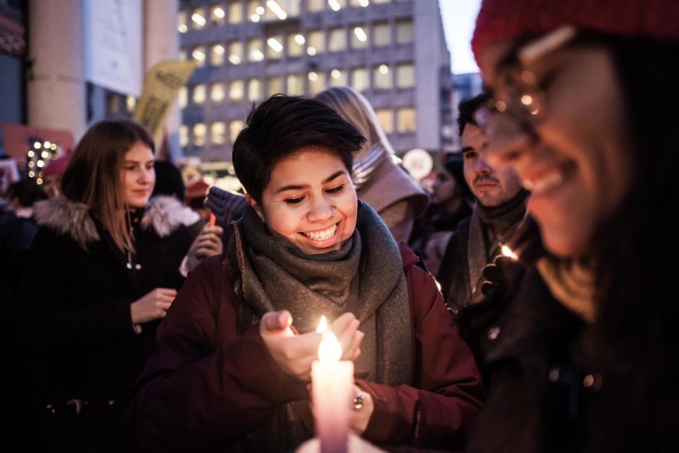 Women light candles in&nbsp;a "lights for rights" protest. During Donald Trump's inauguration speech, people protested for women's rights in Brussels on Jan. 20, 2017.