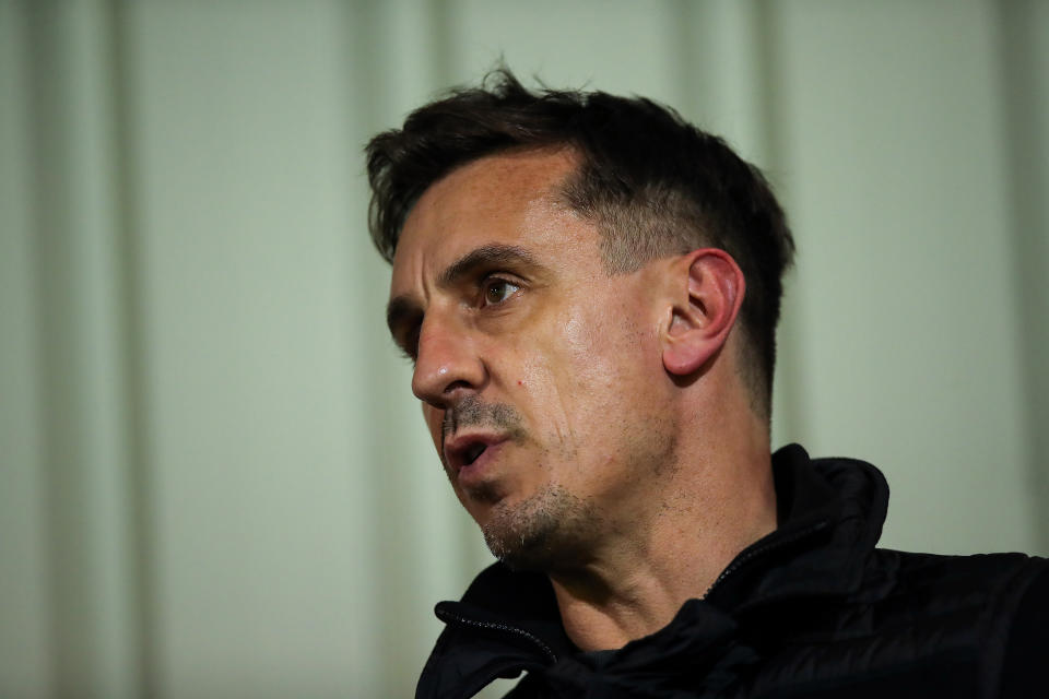 Gary Neville pundit and co-owner of Salford City commentates on the game during the EFL Trophy Northern Group B fixture between Salford City v Manchester United U21.