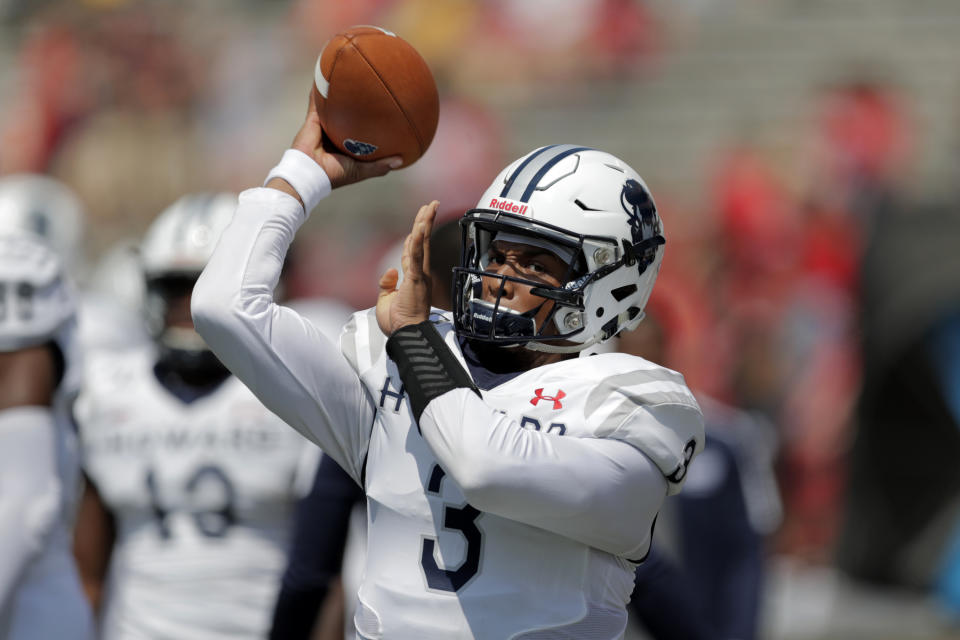 Howard quarterback Caylin Newton warms up prior to a college football game against Maryland on, Aug. 31, 2019. (AP Photo/Julio Cortez)