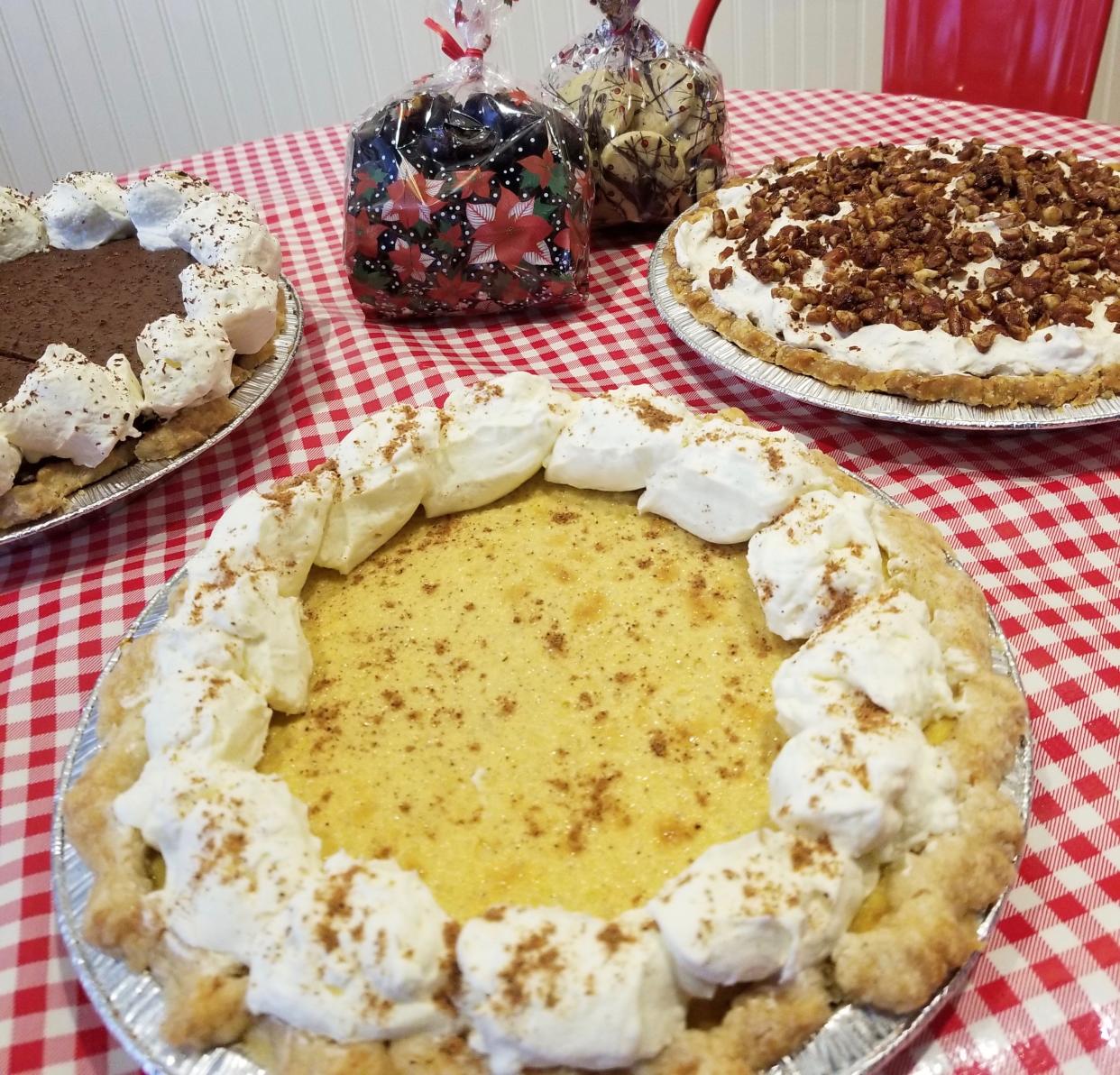 Find anywhere from 15 to 20 varieties of pies made from scratch including French silk, eggnog custard and praline pecan shown here at Stockholm Pie & General Store.