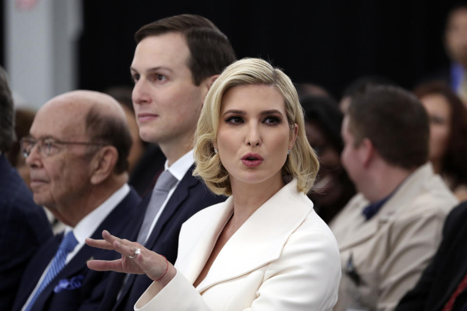 Ivanka Trump, Jared Kushner and Commerce Secretary Wilbur Ross listen during an event with President Donald Trump at the Louis Vuitton Workshop Rochambeau in Alvarado, Texas, Thursday, Oct. 17, 2019. (AP Photo/Andrew Harnik)