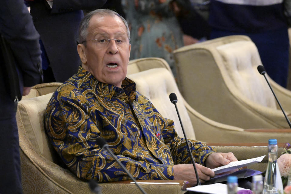 Russian Foreign Minister Sergey Lavrov attends the Association of Southeast Asian Nations (ASEAN) Regional Forum in Jakarta, Indonesia, Friday, July 14, 2023. (Bay Ismoyo/Pool Photo via AP)
