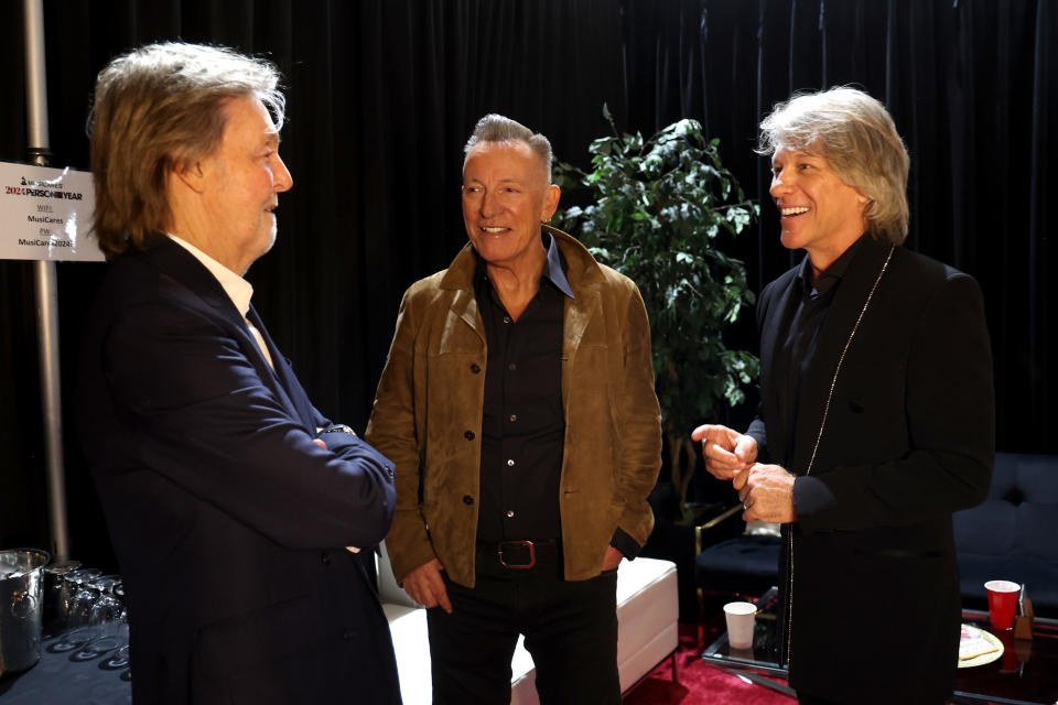 LOS ANGELES, CALIFORNIA - FEBRUARY 02: (L-R) Paul McCartney, Bruce Springsteen and Jon Bon Jovi attend the 2024 MusiCares Person of the Year Honoring Jon Bon Jovi during the 66th GRAMMY Awards on February 02, 2024 in Los Angeles, California. (Photo by Kevin Mazur/Getty Images for The Recording Academy)