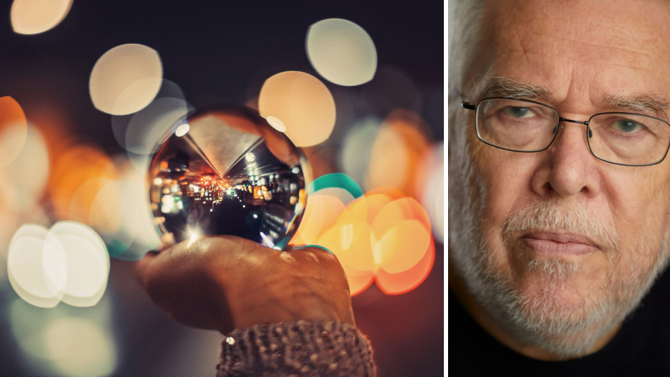 On the left, a woman's hand is holding a large mirrored ball. The background is abstract. On the right, Dr Richard Hames' face is pictured. He is looking solemn and wearing glasses. 