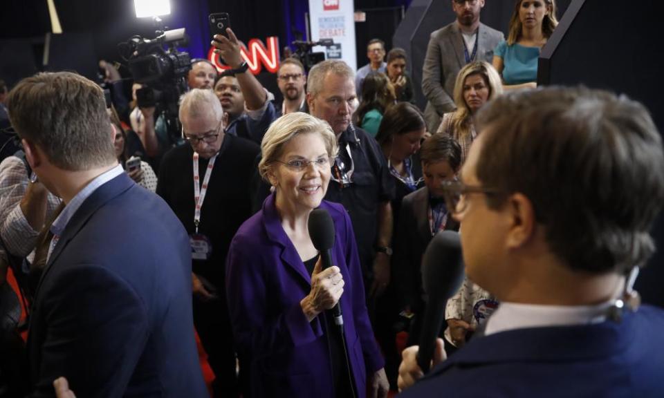 Elizabeth Warren at a Democratic presidential primary debate in Ohio.