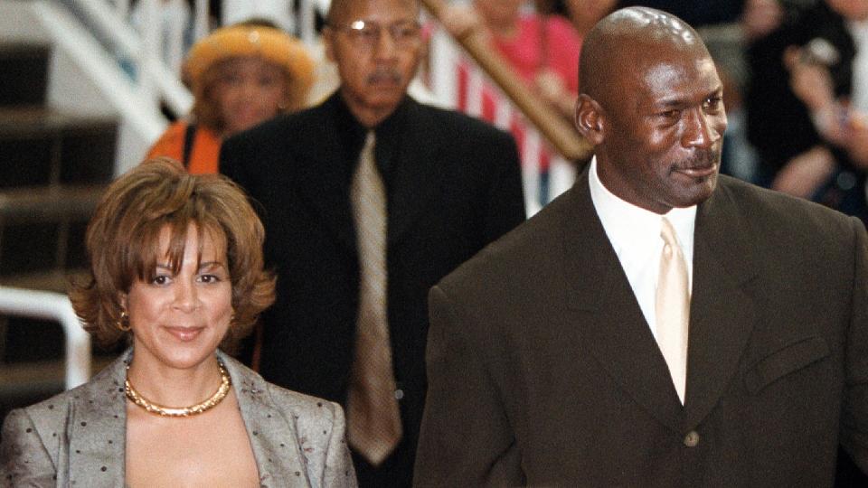 368895 02: (FILE PHOTO) Basketball legend Michael Jordan and his wife Juanita arrive for the world premier of the IMAX movie 