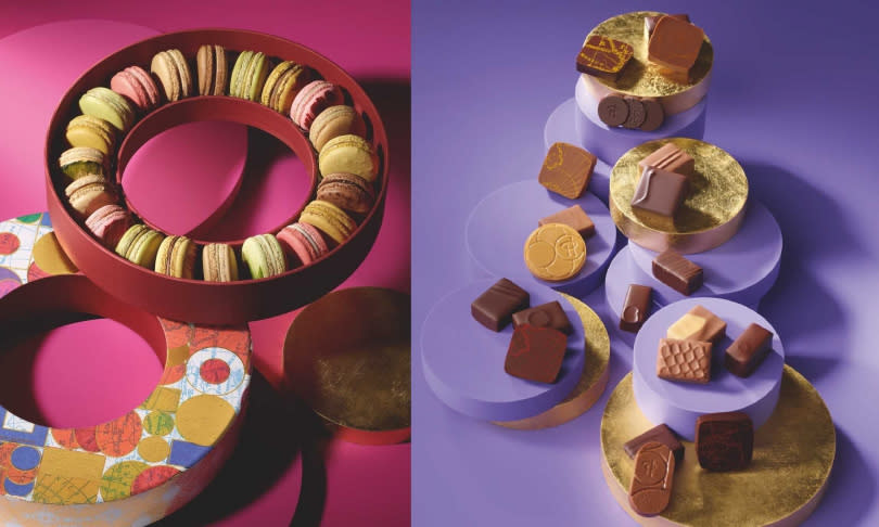 「PIERRE HERMÉ 20入馬卡龍限量禮盒」（左，2,800元）與工藝之作的多款巧克力都是必買甜點。（圖／PIERRE HERMÉ提供）