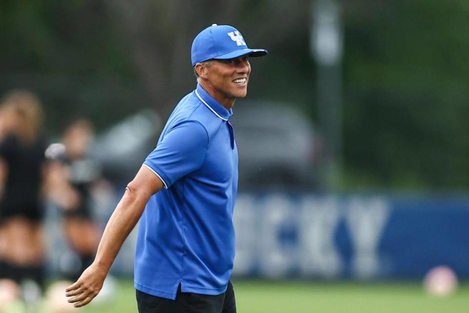 Kentucky women’s soccer head coach Troy Fabiano stands on the field prior to facing Eastern Kentucky at the Wendell & Vickie Bell Soccer Complex on Thursday. Fabiano has brought in 23 new players to the UK program for this season.