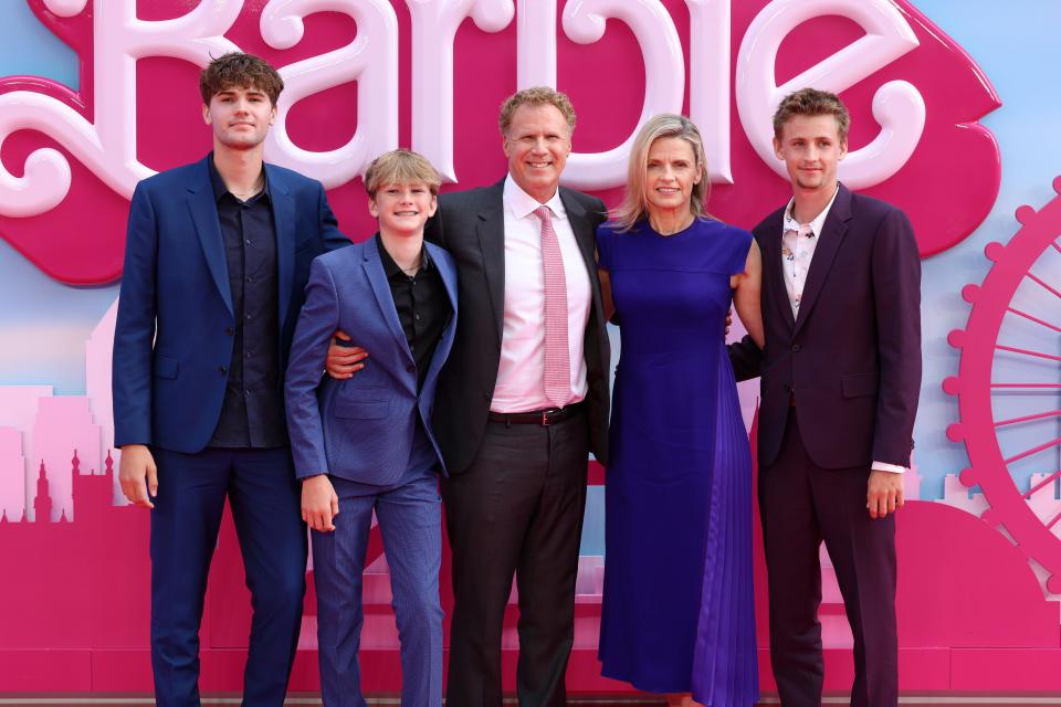 Mattias Ferrell, from left Axel Ferrell, Will Ferrell, Viveca Paulin and Magnus Ferrell attend the London premiere of Will's film "Barbie."