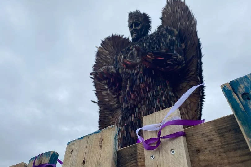 Ribbons tied to the fencing around the Knife Angel in memory of knife crime victims