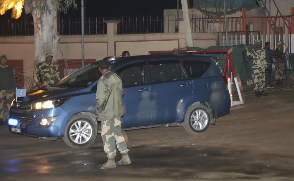 The convoy carrying Indian air force Wing Commander Abhinandan Varthaman drives out from the Integrated Check Post on the Indian side of the border in Attari, India, Friday, March 1, 2019. Pakistani officials handed over the captured Indian pilot to a border crossing with India on Friday in a "gesture of peace" promised by Pakistani Prime Minister Imran Khan amid a dramatic escalation with the country's archrival over the disputed region of Kashmir. (AP Photo/Prabhjot Gill)