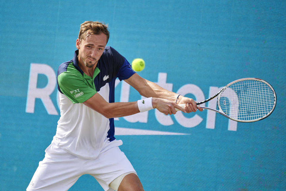 Daniil Medvedev returns a ball against Aslan Karatsev in his second round match during day five of the Mallorca Championships on June 22. (Cristian Trujillo/Quality Sport Images/Getty Images)