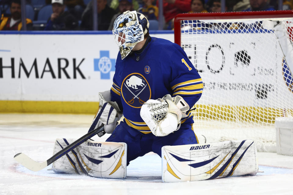 Buffalo Sabres goaltender Ukko-Pekka Luukkonen makes a pad save during the second period of the team's NHL hockey game against the Washington Capitals on Thursday, April 11, 2024, in Buffalo, N.Y. (AP Photo/Jeffrey T. Barnes)