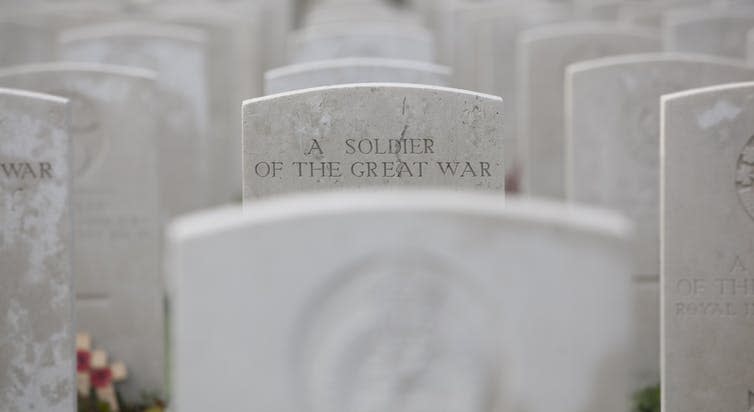 <span class="caption">Tyne Cot Cemetery in Belgium is the largest Commonwealth War Graves Commission cemetery in the world and is the resting place of more than 11,900 servicemen of the British Empire from WWI.</span> <span class="attribution"><a class="link " href="https://www.shutterstock.com/image-photo/soldier-great-war-tyne-cot-belgium-165207269?src=d9f8a3dc-621e-4beb-8560-67308aa67c2e-2-76" rel="nofollow noopener" target="_blank" data-ylk="slk:Shutterstock/Wim Demortier;elm:context_link;itc:0;sec:content-canvas">Shutterstock/Wim Demortier</a></span>