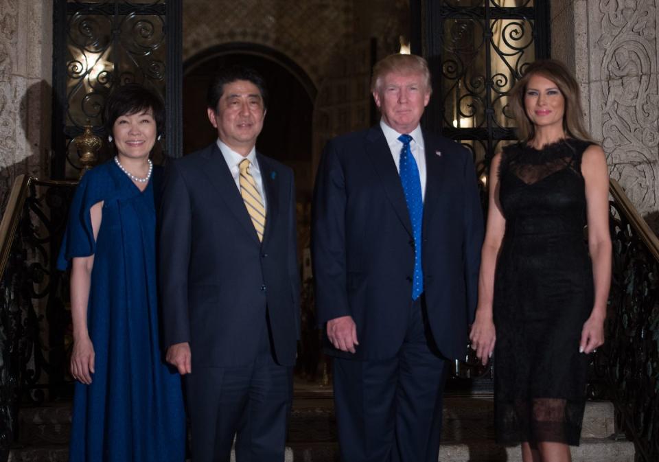 <p>For dinner at Mar-a-Lago with the Prime Minister of Japan and his wife Akie Abe, Melania wore a fitted black dress with a lace overlay. She paired the look with black Christian Louboutin pumps.</p>