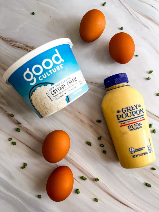 Eggs, mustard and cottage cheese breakfast ingredients<p>Courtesy of Jessica Wrubel</p>