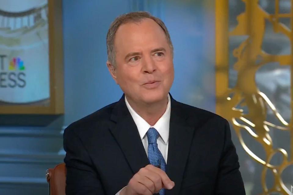 Rep Adam Schiff, right, has called on President Joe Biden, left, to step aside as the Democratic nominee (Meet The Press / NBC News)