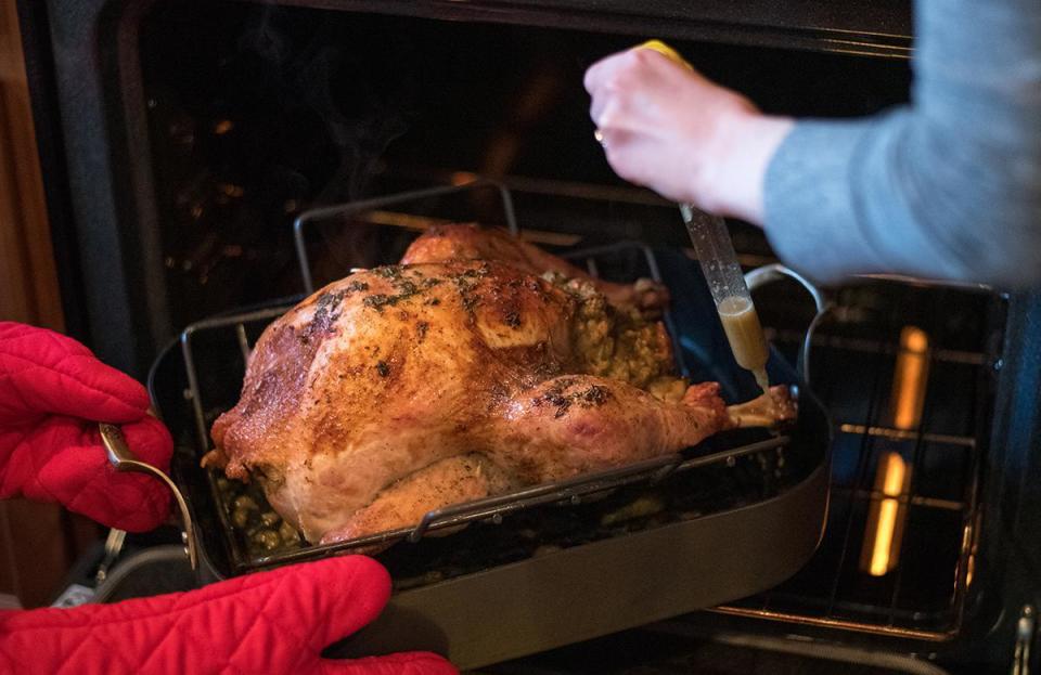 <p>Did you ever wonder why the turkey that was supposed to be ready in three hours is taking all day? <a href="https://www.thedailymeal.com/cook/never-baste-turkey?referrer=yahoo&category=beauty_food&include_utm=1&utm_medium=referral&utm_source=yahoo&utm_campaign=feed" rel="nofollow noopener" target="_blank" data-ylk="slk:It may be because you’re basting the bird;elm:context_link;itc:0;sec:content-canvas" class="link ">It may be because you’re basting the bird</a>. Every time you open your oven, you lose heat, meaning your turkey will take longer to cook.</p>