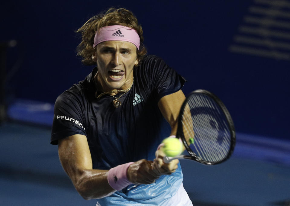 Germany's Alexander Zverev returns a ball during his Mexican Tennis Open final match against Australia's Nick Kyrgios in Acapulco, Mexico, Saturday, March 2, 2019. (AP Photo/Rebecca Blackwell)