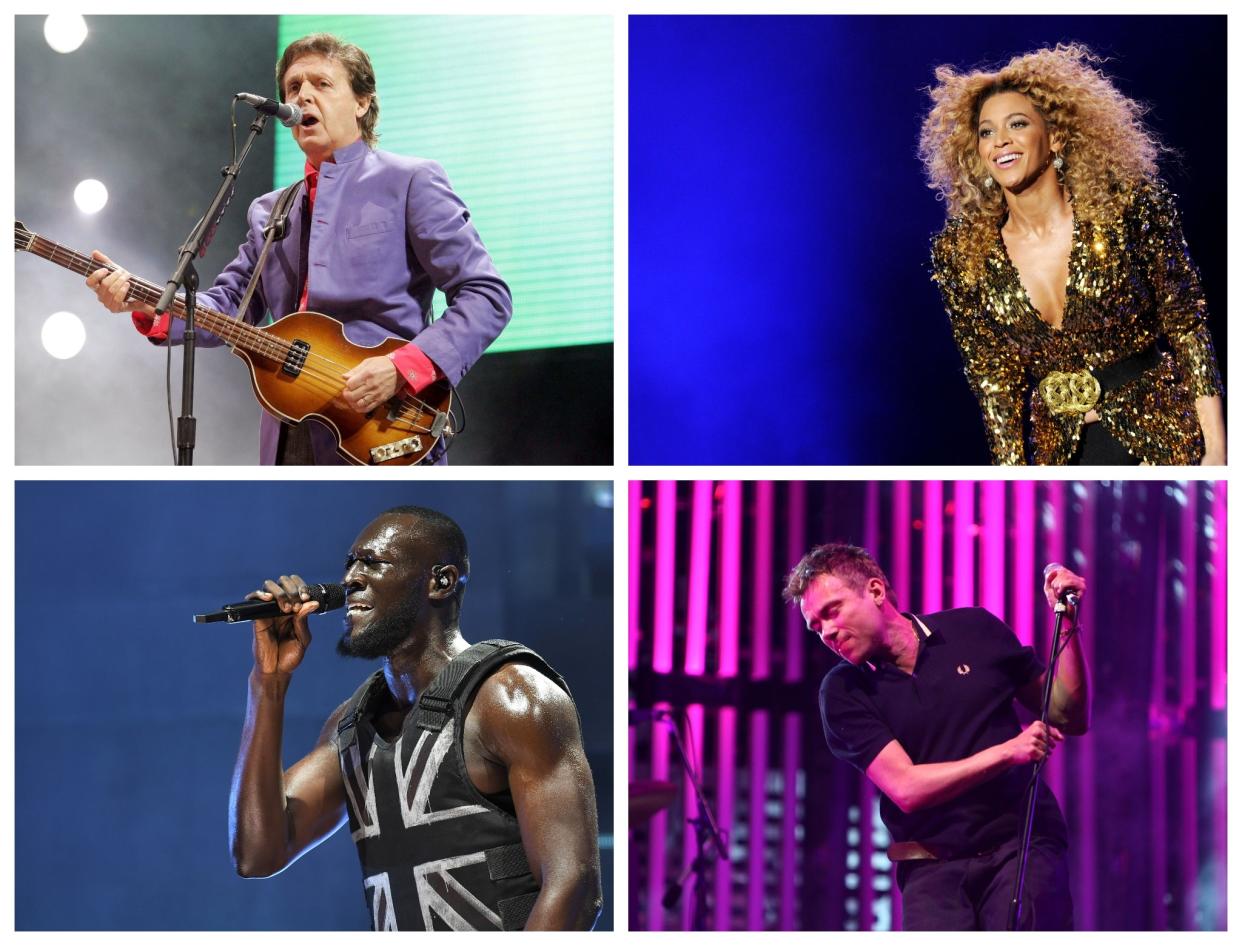 Top left clockwise: Paul McCartney, Beyonce, Damon Albarn of Blur, and Stormzy, during their headline performances on the Pyramid Stage: Rex