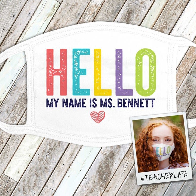 Find this <a href="https://fave.co/3eTjCAu" target="_blank" rel="noopener noreferrer">personalized teacher face mask</a> for $15 on <a href="https://fave.co/3eTjCAu" target="_blank" rel="noopener noreferrer">Etsy</a>.