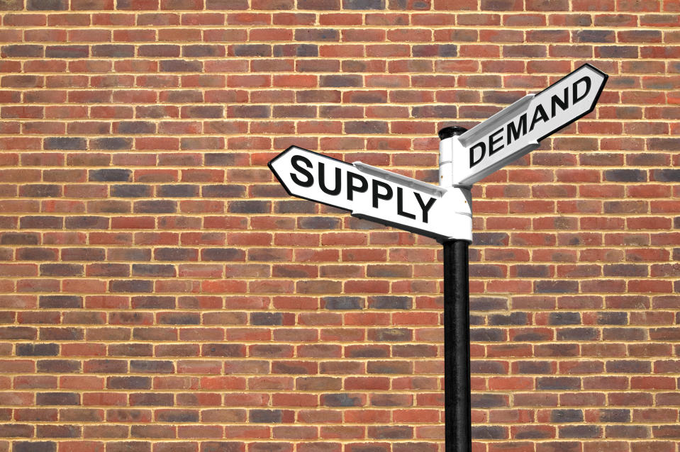 A street sign, against a brick backdrop, at the intersection of Supply and Demand Street.