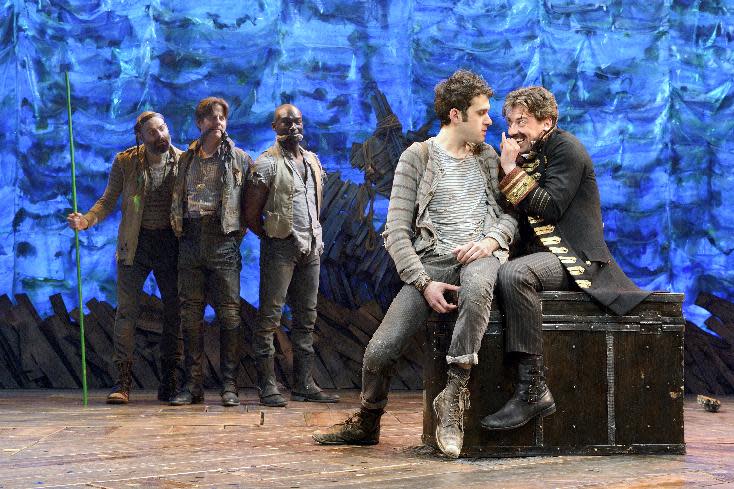 In this theater image released by The O & M Co., from left, Matt D'Amico, Rick Holmes, Isaiah Johnson, Adam Chanler-Berat, and Christian Borle are shown in a scene from "Peter and the Starcatcher," performing at the brooks Atkinson Theatre in New York. (AP Photo/The O & M Co.)