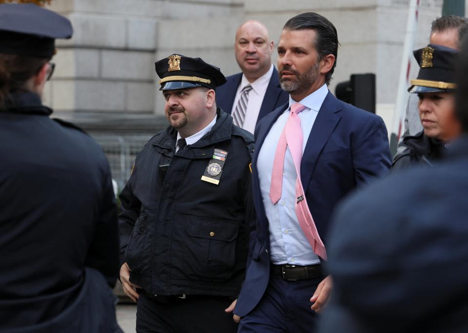 Former President Donald Trump’s son and co-defendant, Donald Trump Jr, arrives at court to attend the Trump Organization civil fraud trial on 1 November 2023 (REUTERS)