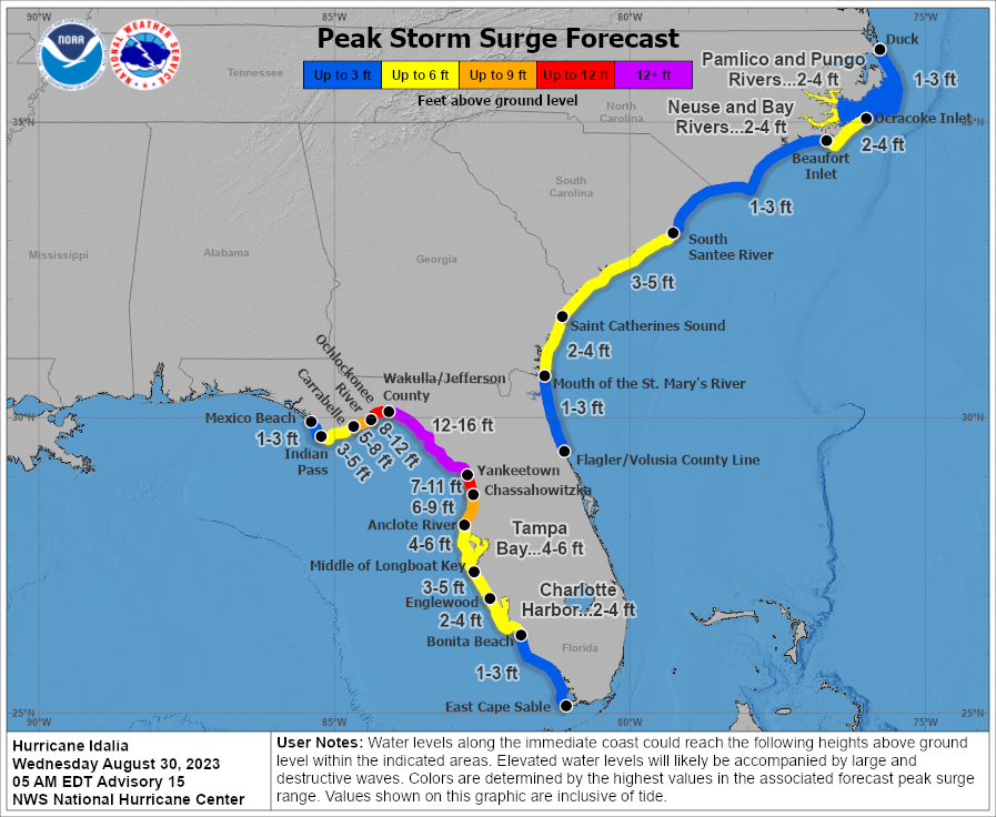 Hurricane Idalia's peak storm surge forecast, showing 7 to 11 feet in the Big Bend region. 