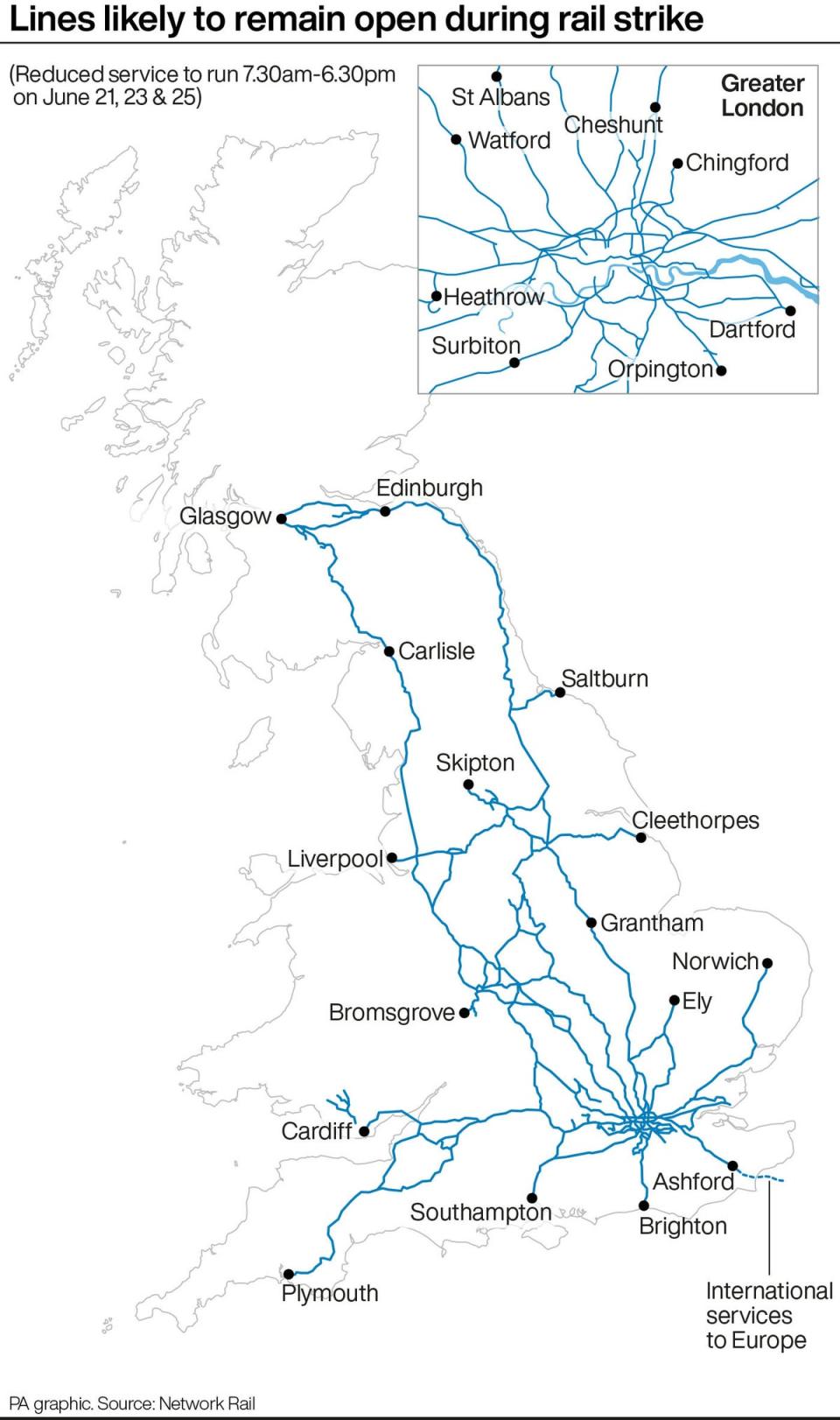 Lines likely to remain open during the rail strike (PA) (PA Graphics)