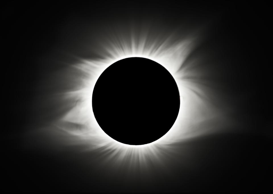 The corona of the sun is visible during totality of the solar eclipse from Carbondale, Ill., Monday, Aug. 21, 2017. The corona is the outermost layer of the solar atmosphere. It is visible to the naked eye only during a total solar eclipse.