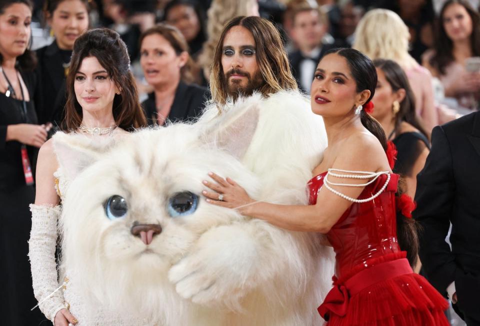 Anne Hathaway, Jared Leto and Salma Hayek at the 2023 Met Gala (REUTERS)