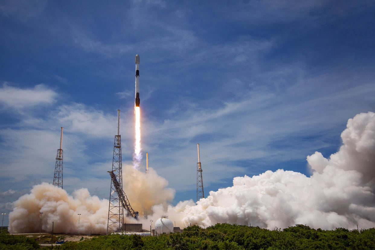  A SpaceX Falcon 9 rocket launches the Transporter-5 mission on May 25, 2022. 