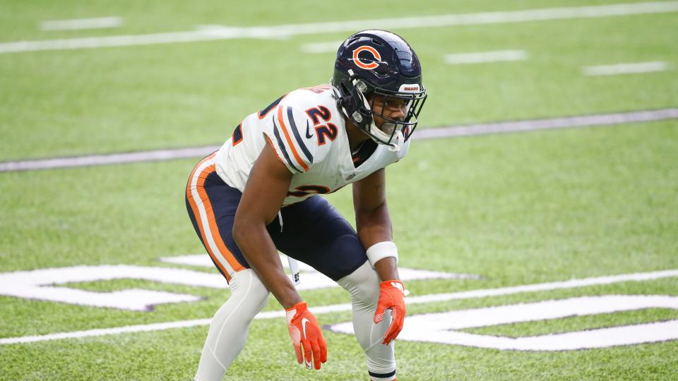 Chicago Bears cornerback Kindle Vildor, a former Georgia Southern star, gets set for a play during an NFL  game against the Minnesota Vikings on Dec. 20, 2020, in Minneapolis.