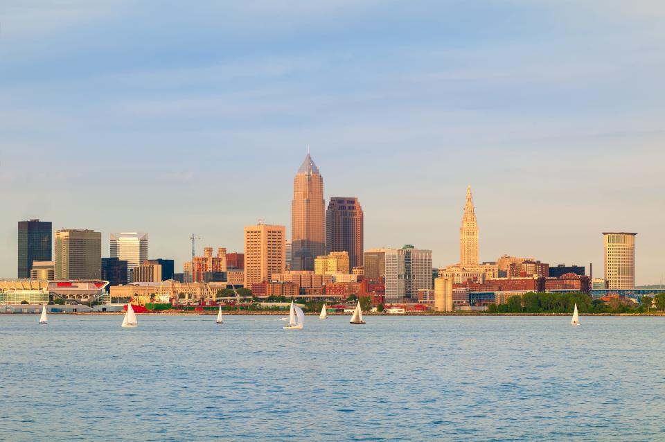 Cleveland, Ohio, skyline of buildings near sunset, viewed from out on Lake Erie