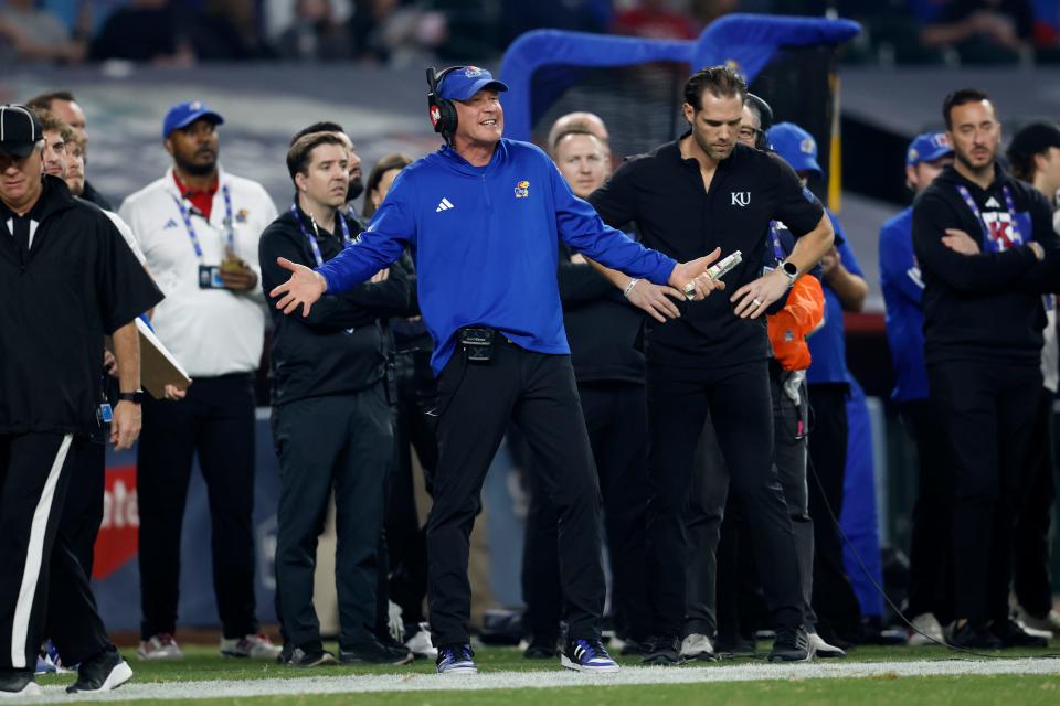Kansas football coach Lance Leipold reacts to a call during the second half of a game in the Guaranteed Rate Bowl against UNLV at Chase Field on Dec. 26, 2023 in Phoenix.