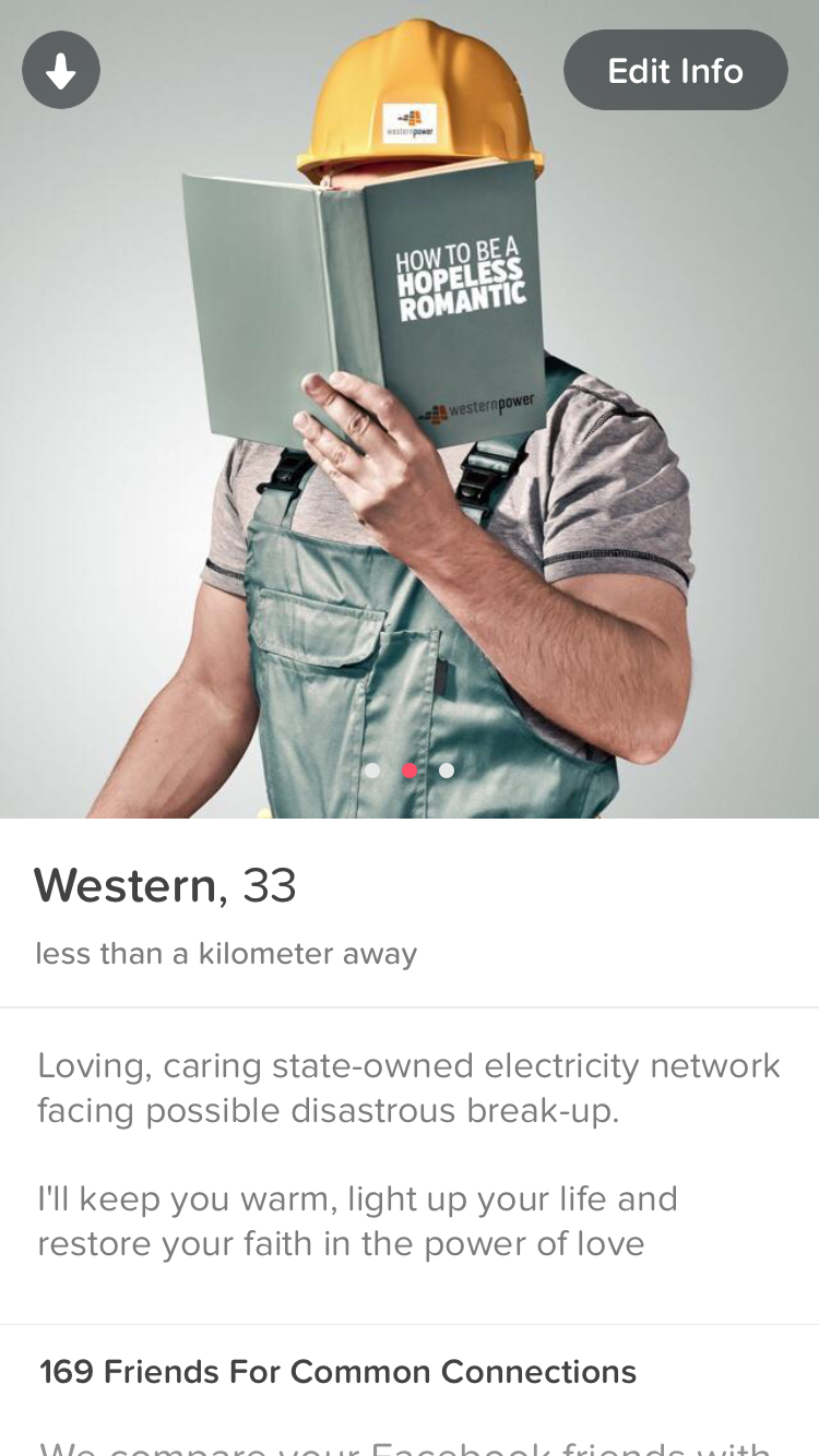 Western Power's Tinder profile which was launched for Valentine's Day. Source: ETU