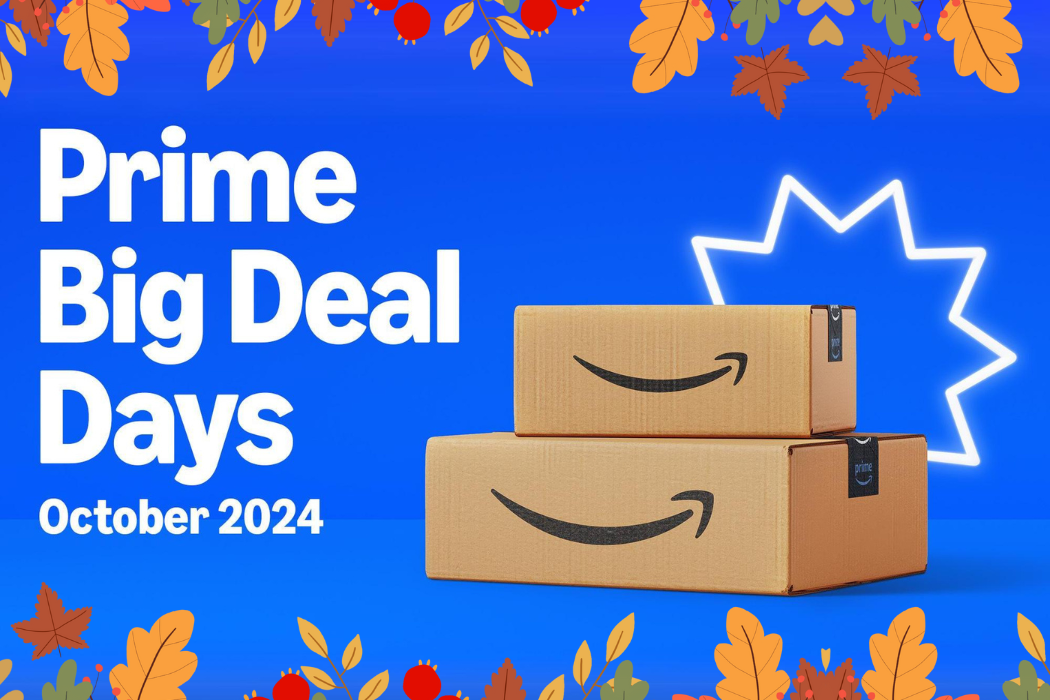 Text reading Prime Big Deal Days October 2024 beside two Amazon shipping boxes against blue background with border of colorful autumn leaves