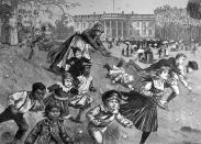 <p>An illustration shows a nanny running after a group of children who are participating in an egg-rolling contest on the grounds of the White House, circa late 19th century. This was part of the Easter celebration in Washington. (Photo: Bettmann/Getty Images) </p>