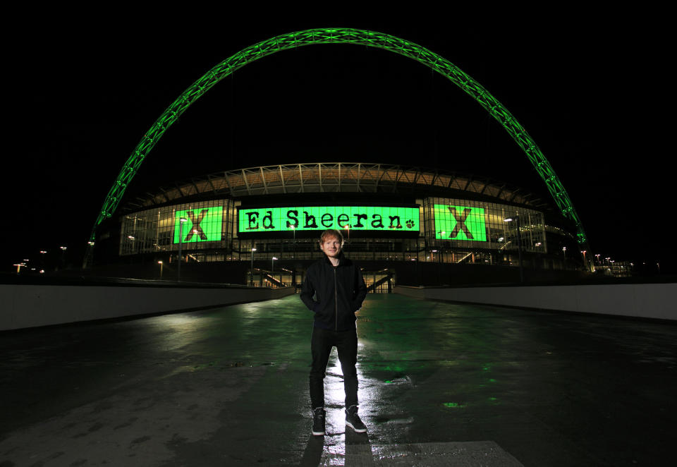 LONDON, ENGLAND - NOVEMBER 10: Singer Ed Sheeran poses before announcing his huge headlining show for Friday 10 July 2015 as part of his 'X' world tour at Wembley Stadium, on November 10, 2014 in London, England.  (Photo by John Phillips/Getty Images for Ed Sheeran)